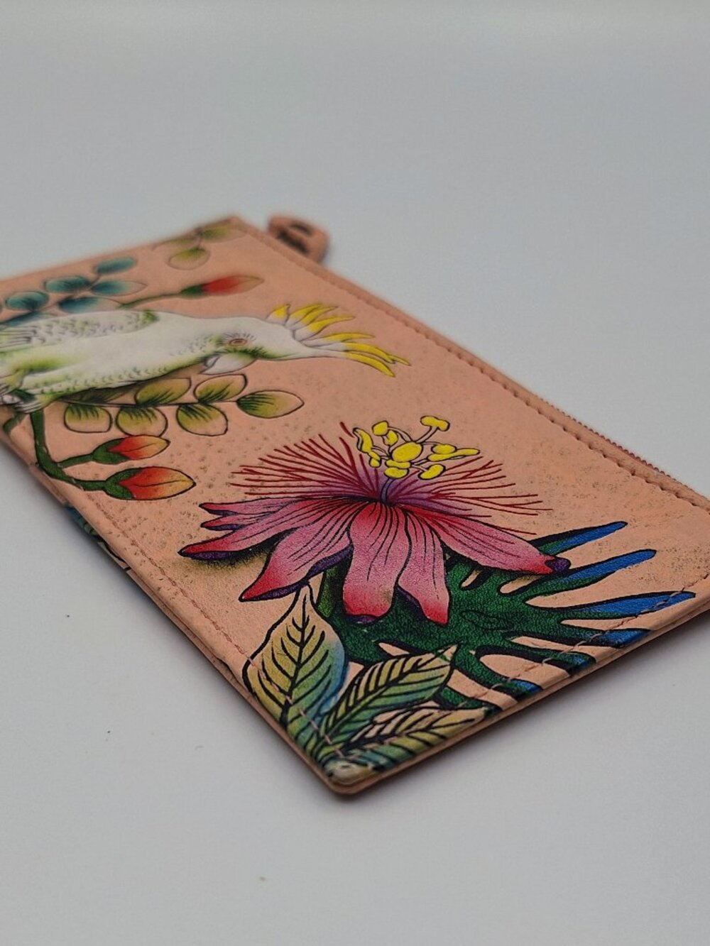 Anuschka Hand Painted Leather RFID Blocking Card Case Coin Pouch Cockatoo Bird